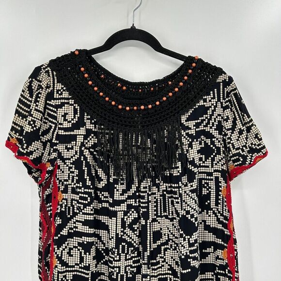 ANTHROPOLOGIE Floreat Abelia Black White Embroidered Fringe Boho Dress Large - Picture 5 of 10